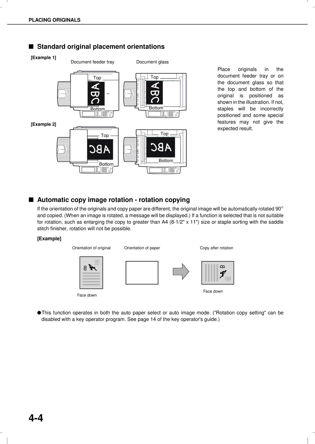 Olivetti 4501, 3501MF Standard original placement orientations, Automatic copy image rotation rotation copying, Example 