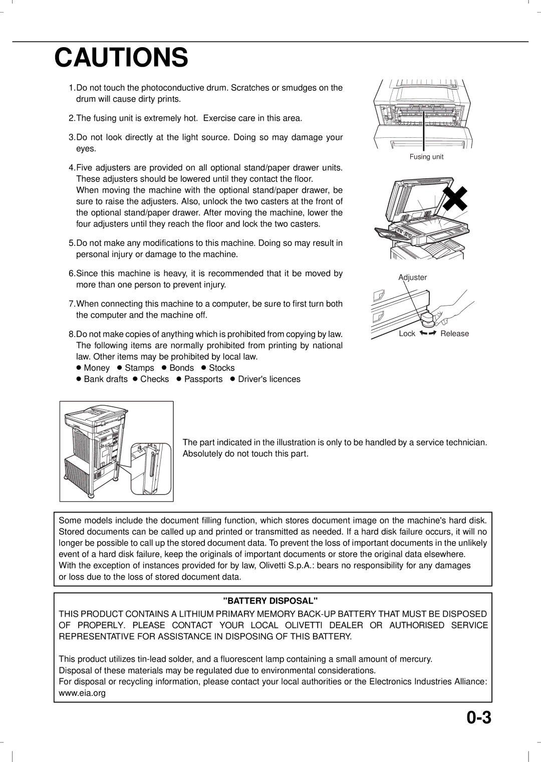 Olivetti 3501MF, 4501MF operation manual Battery Disposal 