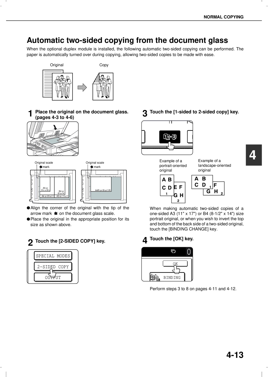 Olivetti 4501MF, 3501MF Automatic two-sided copying from the document glass, Touch the 2-SIDED Copy key.4 Touch the OK key 