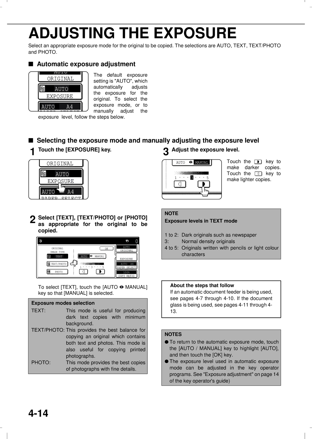 Olivetti 3501MF, 4501MF operation manual Adjusting the Exposure, Automatic exposure adjustment, Touch the Exposure key 