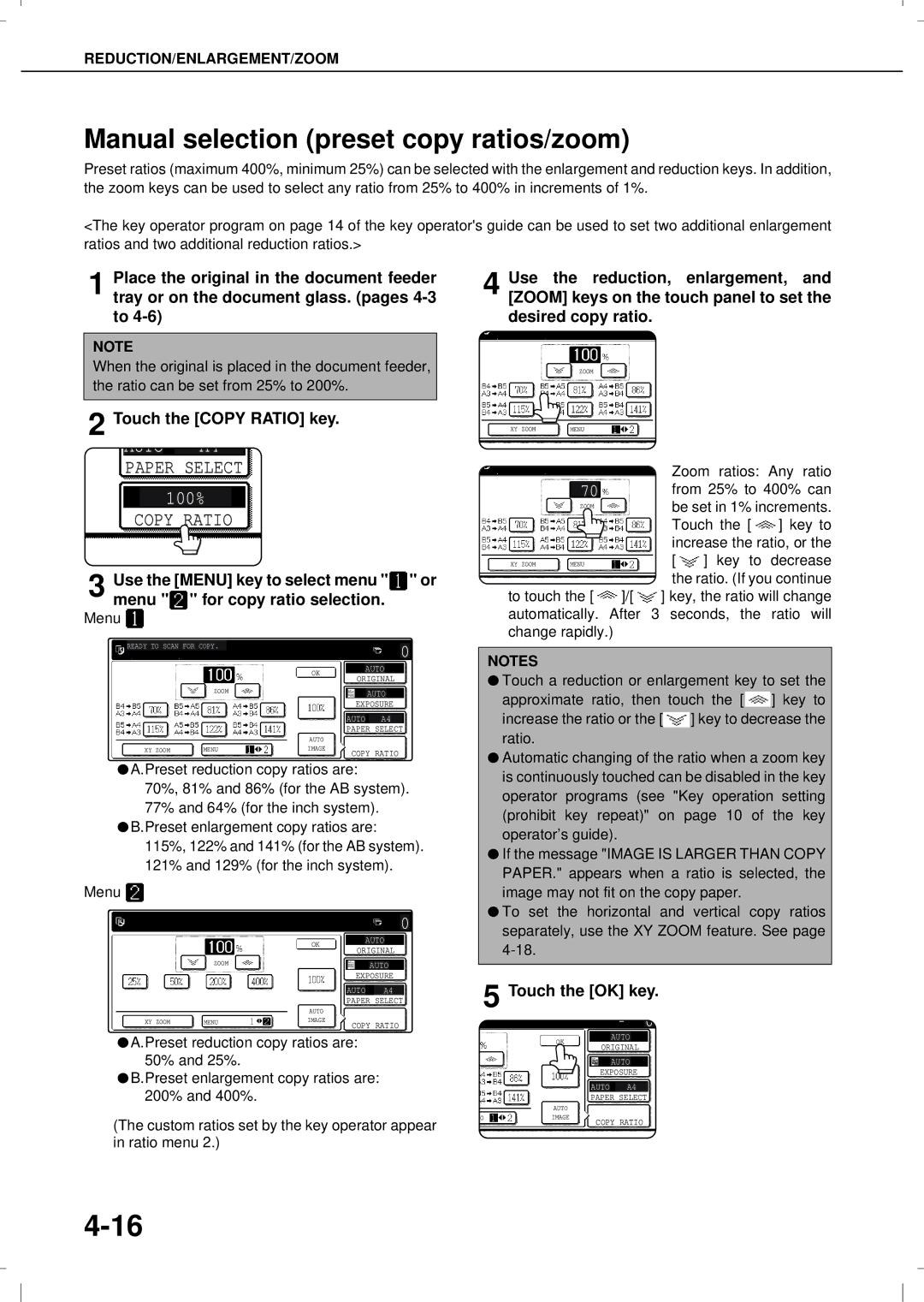 Olivetti 3501MF, 4501MF operation manual Manual selection preset copy ratios/zoom, Menu, Preset reduction copy ratios are 