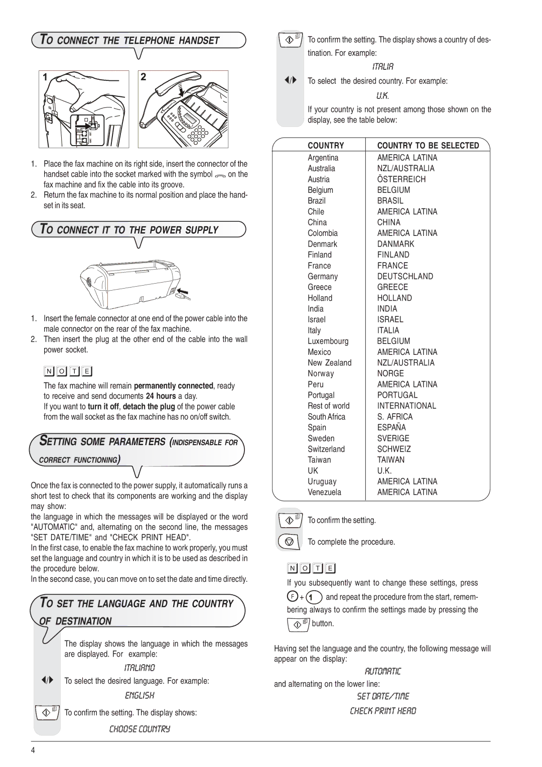 Olivetti 490, 450 manual To Connect the Telephone Handset, To Connect IT to the Power Supply 