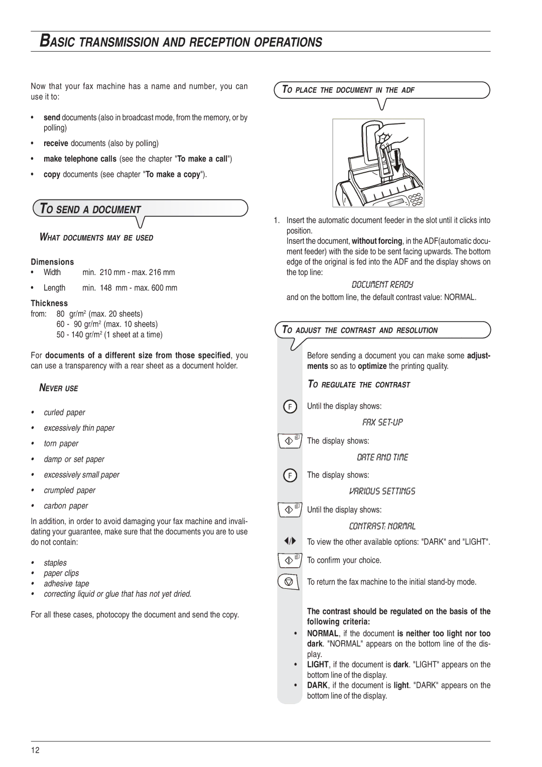 Olivetti 490 Basic Transmission and Reception Operations, To Send a Document, Document Ready, Contrast Normal, Dimensions 