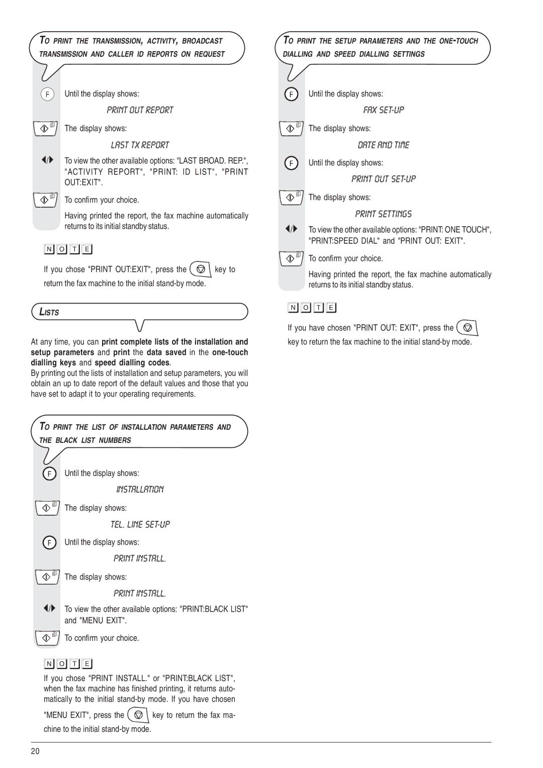 Olivetti 490, 450 manual Print OUT Report, Last TX Report, Print Install, Print OUT SET-UP, Print Settings 