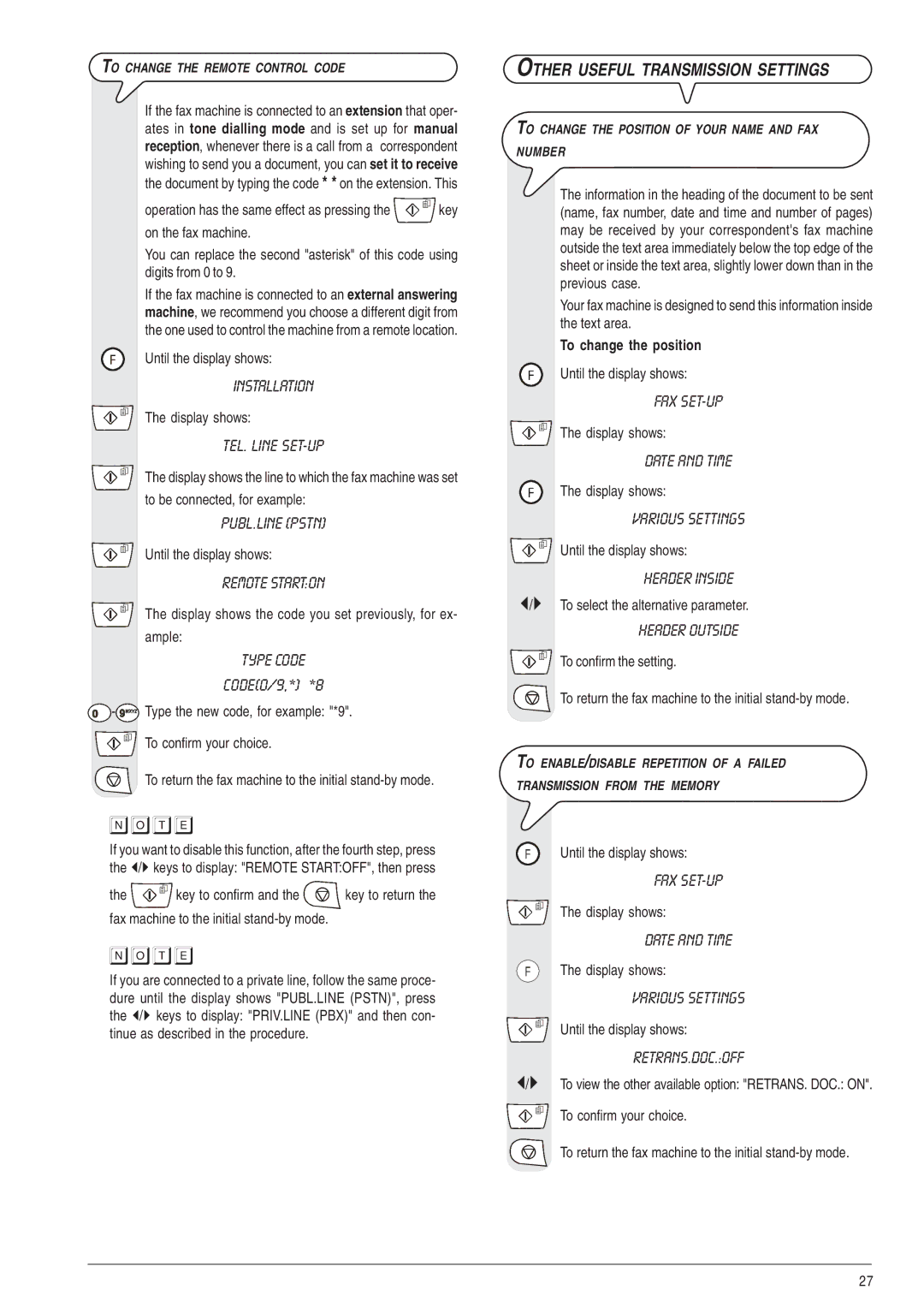 Olivetti 450, 490 manual Remote Starton, Type Code, CODE0/9,* *8, Other Useful Transmission Settings, Retrans.Doc.Off 
