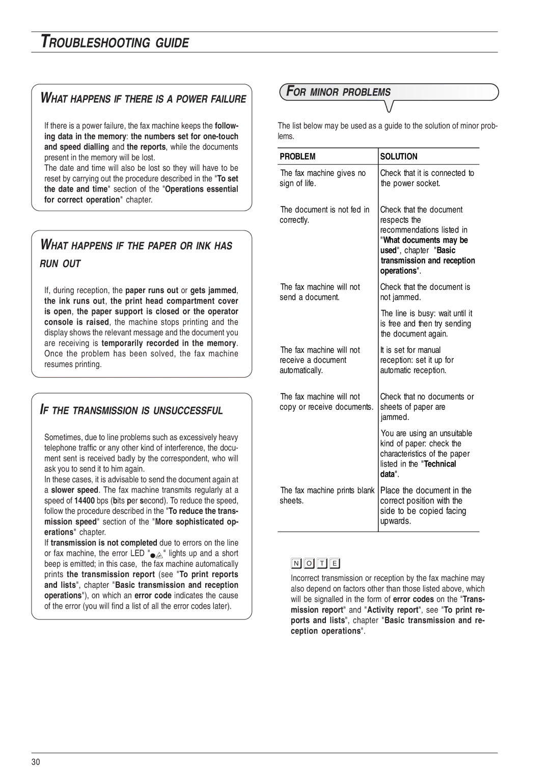 Olivetti 490, 450 Troubleshooting Guide, What Happens if the Paper or INK has RUN OUT, If the Transmission is Unsuccessful 