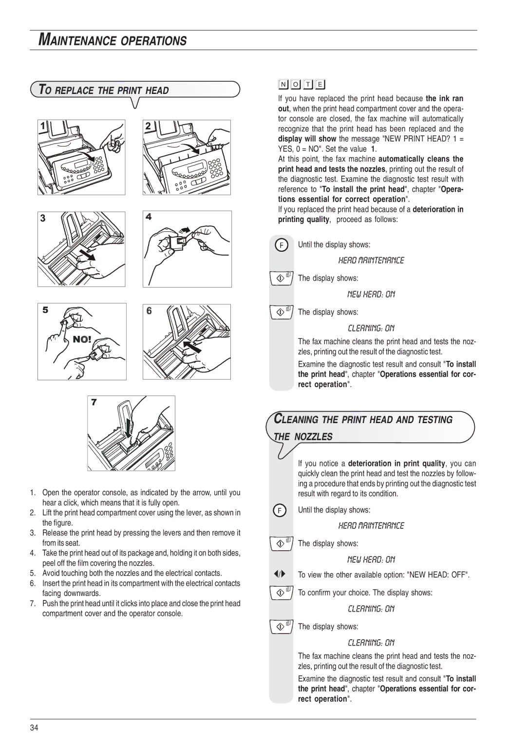 Olivetti 490, 450 manual Maintenance Operations, To Replace the Print Head, Cleaning the Print Head and Testing Nozzles 