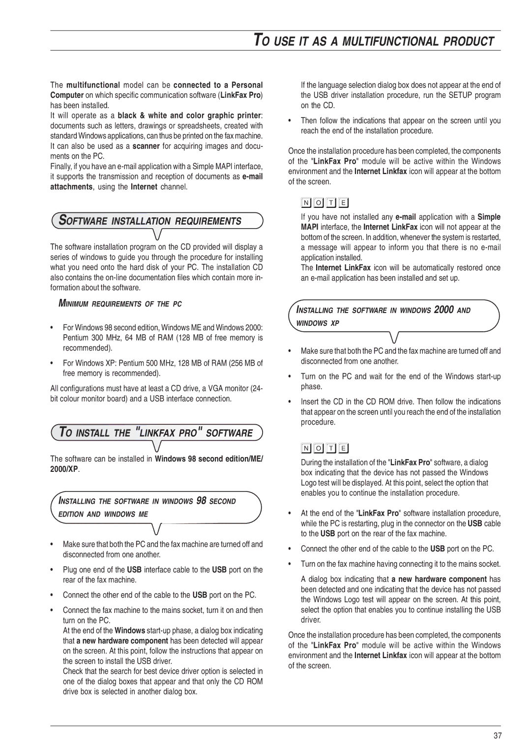 Olivetti 450, 490 Software Installation Requirements, To Install the Linkfax PRO Software, Minimum Requirements of the PC 