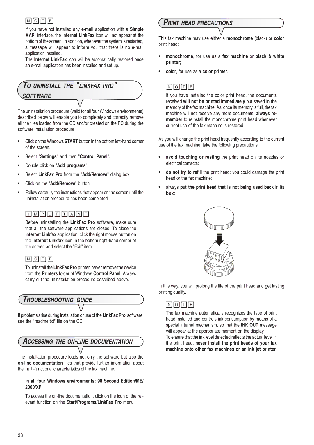 Olivetti 490, 450 manual To Uninstall the Linkfax PRO Software, Troubleshooting Guide, Accessing the ON-LINE Documentation 