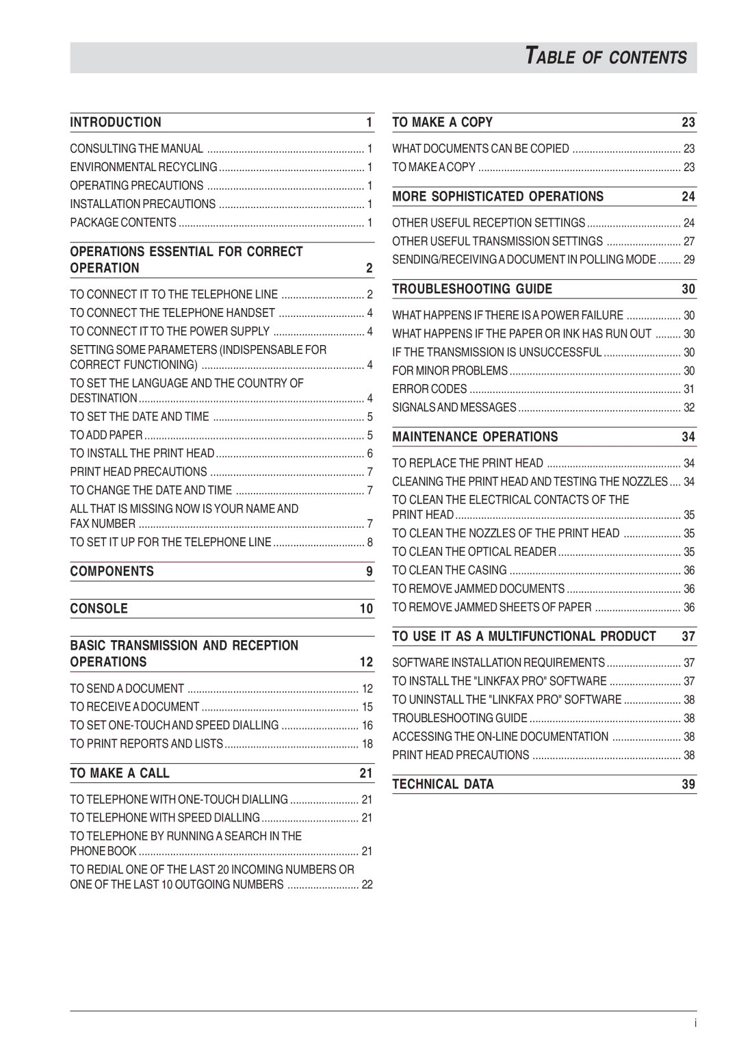 Olivetti 450, 490 manual Table of Contents 