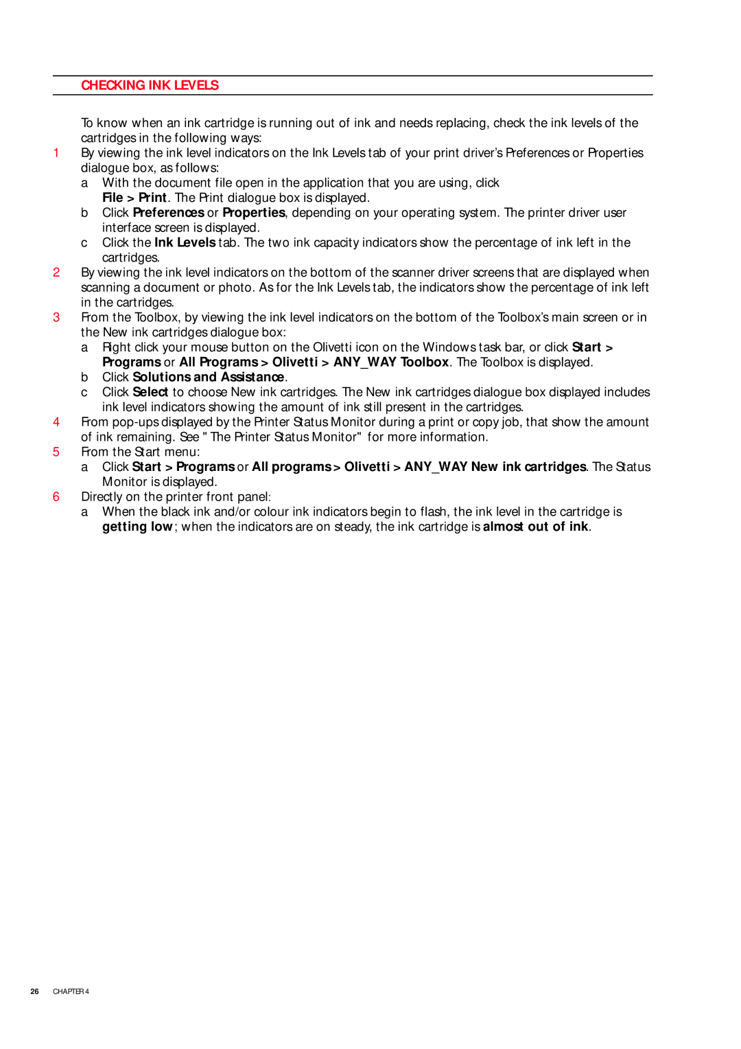 Olivetti 503206 manual Checking INK Levels, Click Solutions and Assistance 