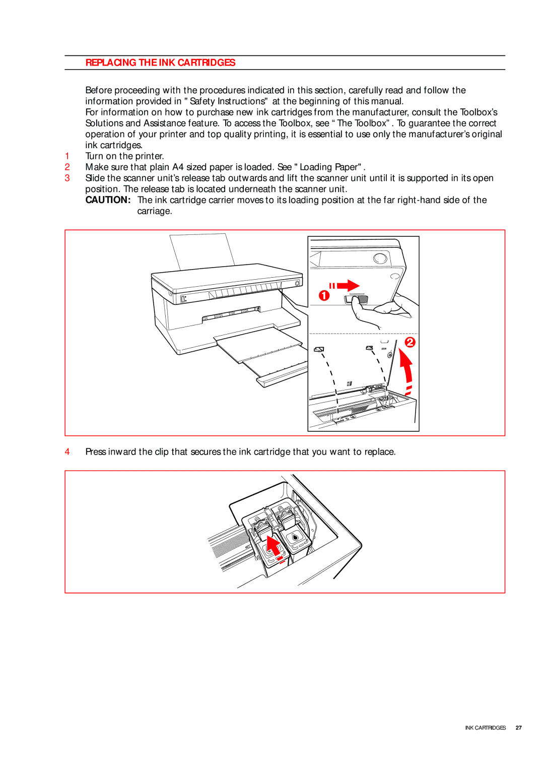 Olivetti 503206 manual Replacing the INK Cartridges 