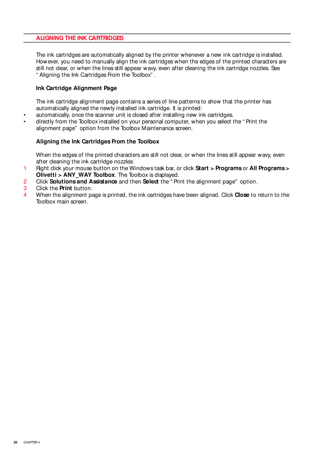 Olivetti 503206 manual Ink Cartridge Alignment, Aligning the Ink Cartridges From the Toolbox 