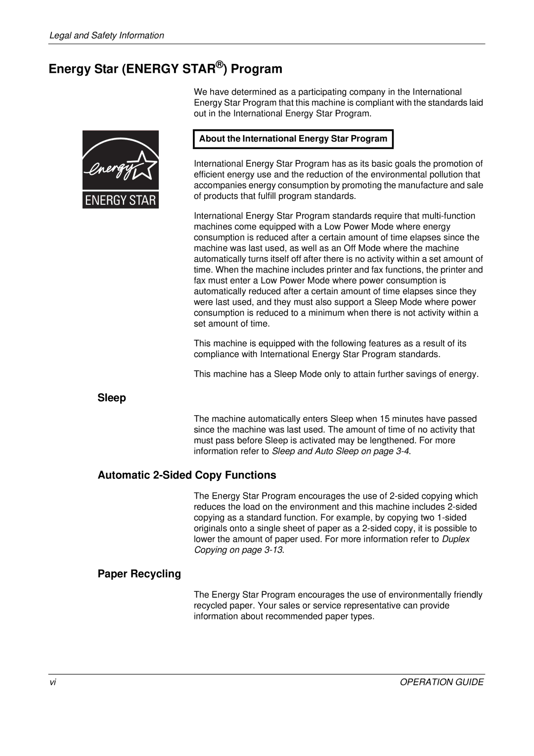 Olivetti D-COPIA 300MF manual Energy Star Energy Star Program, Sleep, Automatic 2-Sided Copy Functions, Paper Recycling 