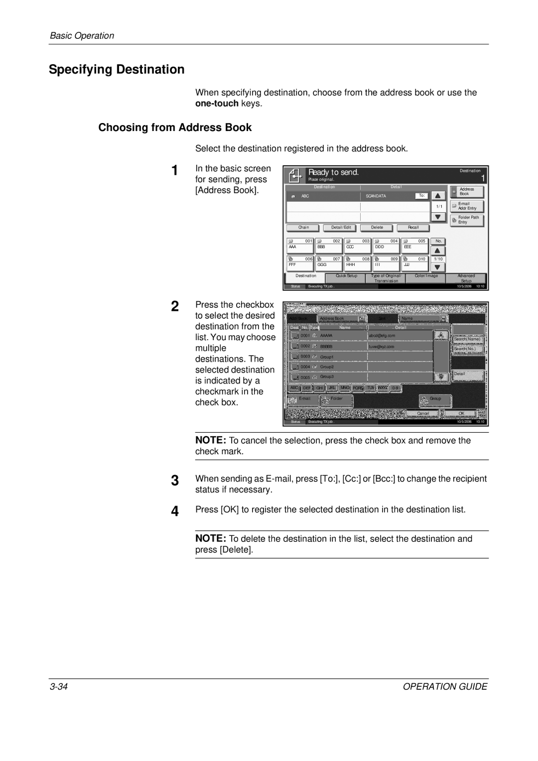 Olivetti D-COPIA 500MF, D-COPIA 300MF manual Specifying Destination, Choosing from Address Book, Dest. No. Type Name Detail 