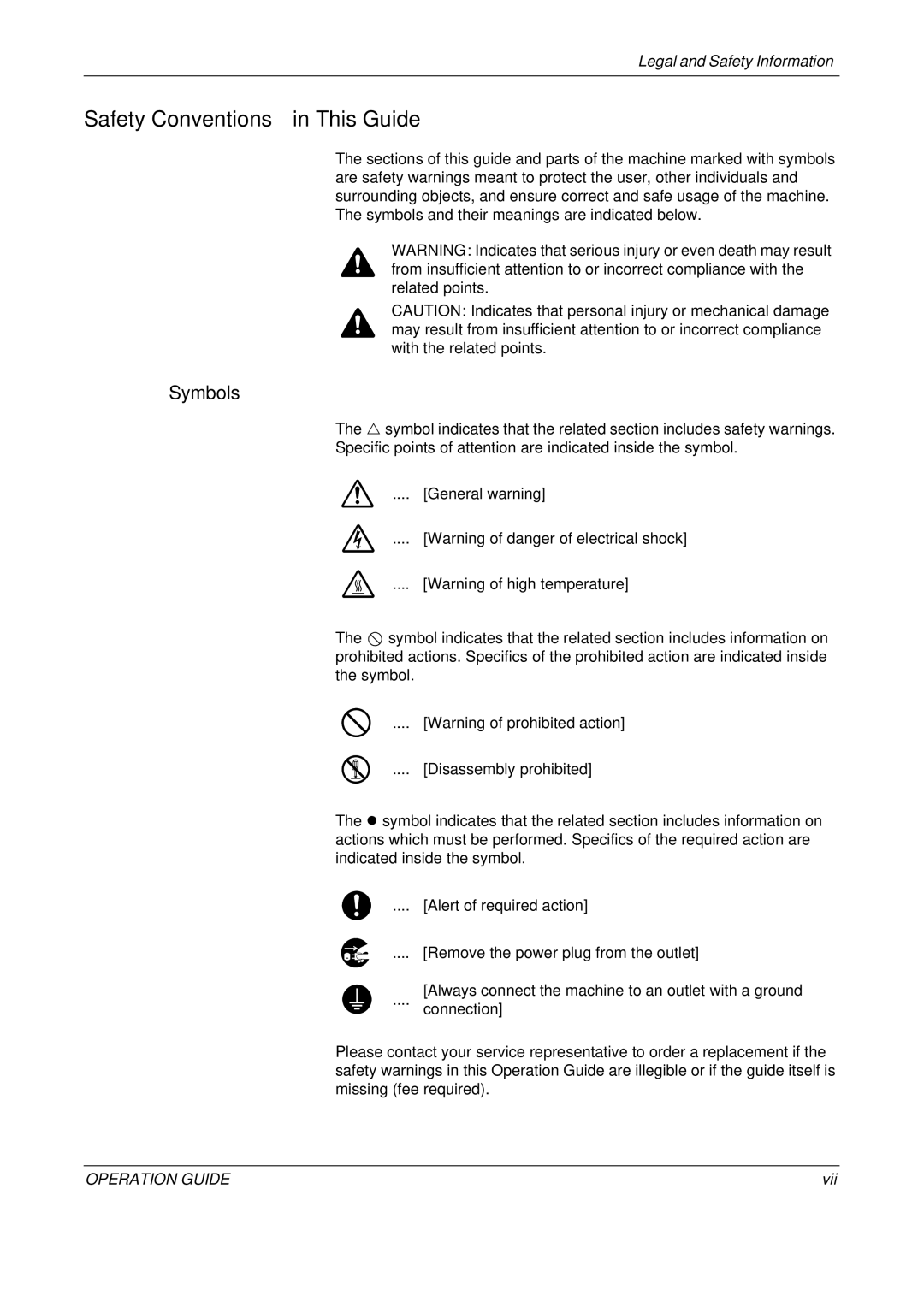 Olivetti D-COPIA 400MF, D-COPIA 500MF, D-COPIA 300MF manual Safety Conventions in This Guide, Symbols, Vii 