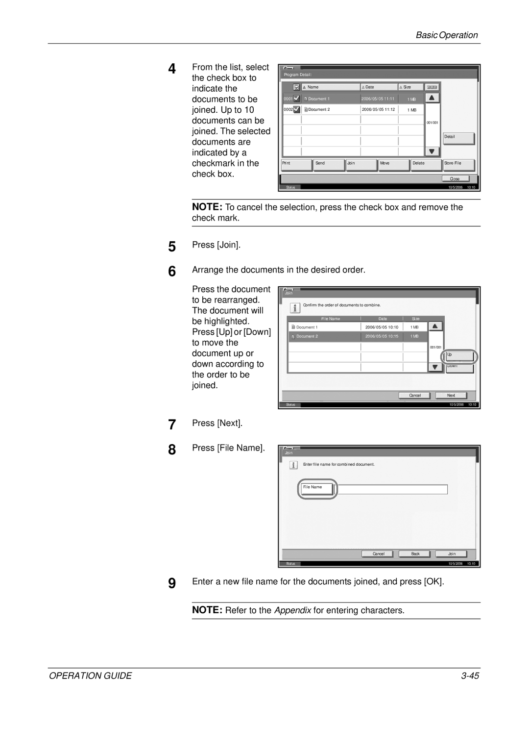 Olivetti D-COPIA 400MF manual Check box to, Press Next Press File Name, Join, File Name Date Size, 2006/05/05 Document 