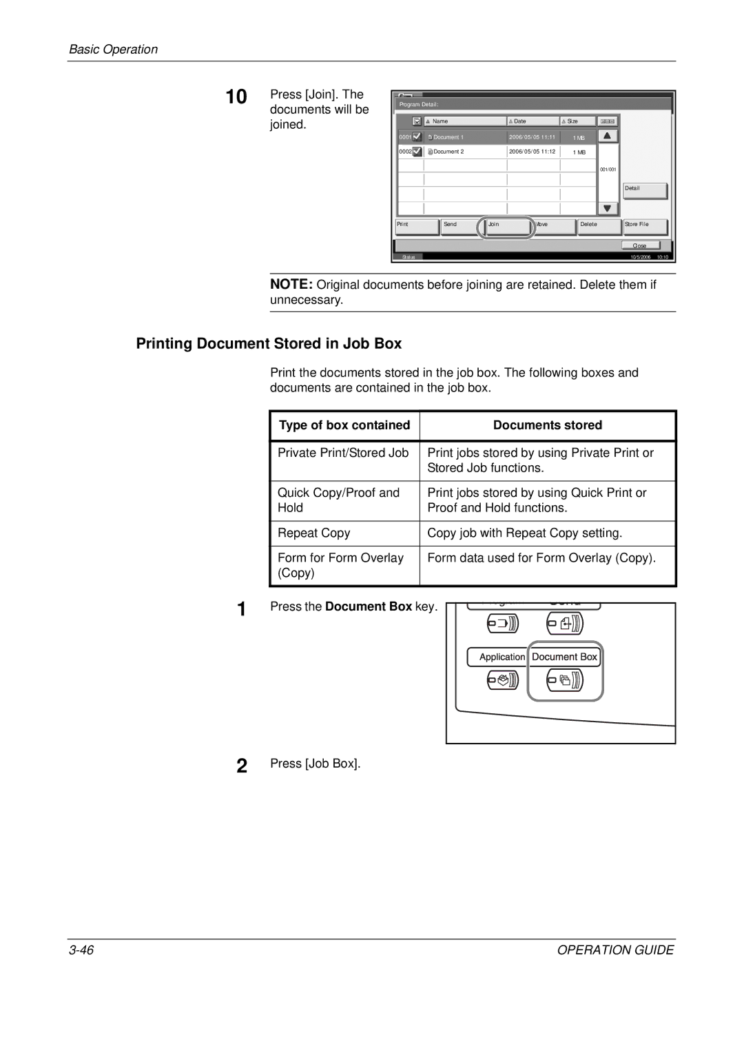 Olivetti D-COPIA 500MF, D-COPIA 300MF manual Printing Document Stored in Job Box, Press Join, Documents will be, Joined 
