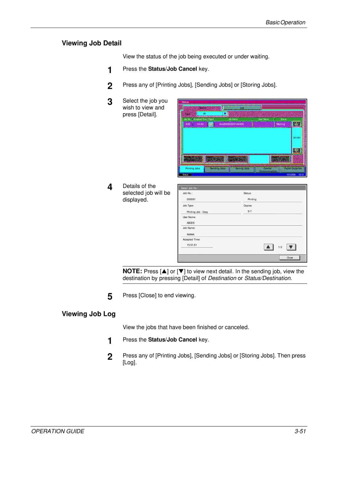 Olivetti D-COPIA 400MF, D-COPIA 500MF, D-COPIA 300MF manual Viewing Job Detail, Viewing Job Log 