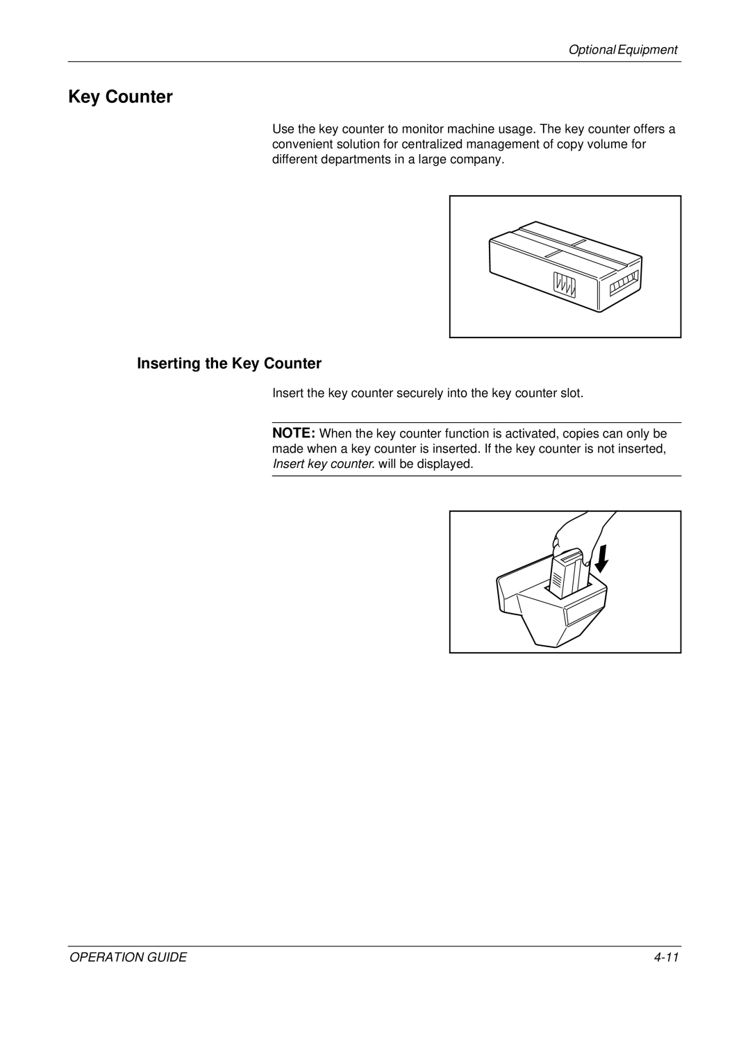 Olivetti D-COPIA 400MF manual Inserting the Key Counter, Insert the key counter securely into the key counter slot 