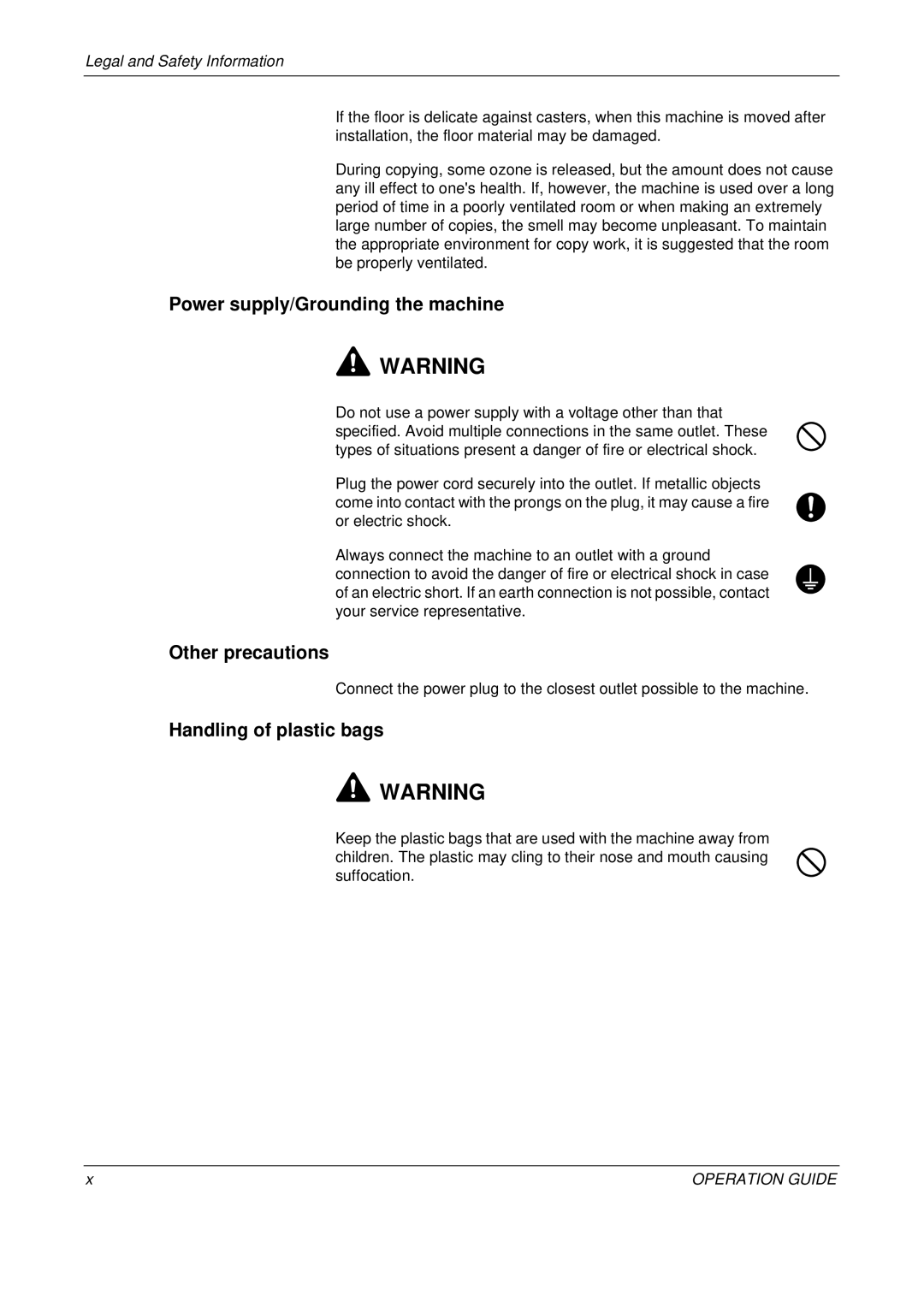 Olivetti D-COPIA 400MF, D-COPIA 500MF, D-COPIA 300MF manual Power supply/Grounding the machine, Handling of plastic bags 