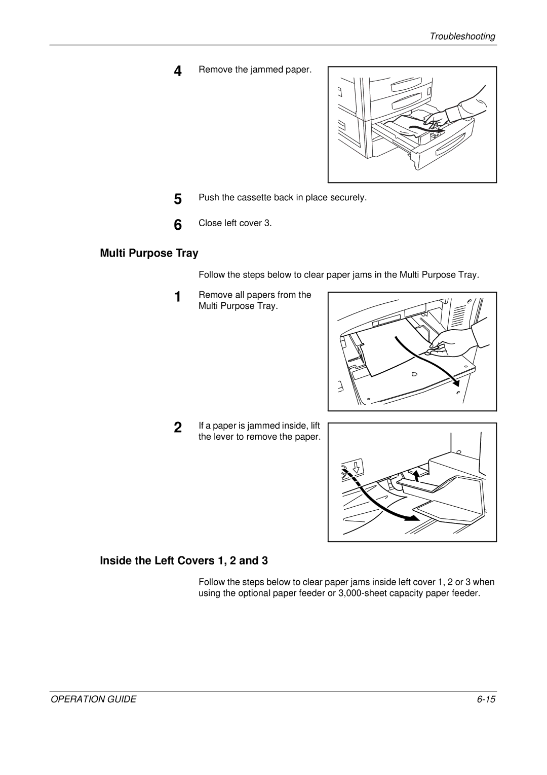 Olivetti D-COPIA 400MF Multi Purpose Tray, Inside the Left Covers 1, 2, Remove all papers from, Lever to remove the paper 