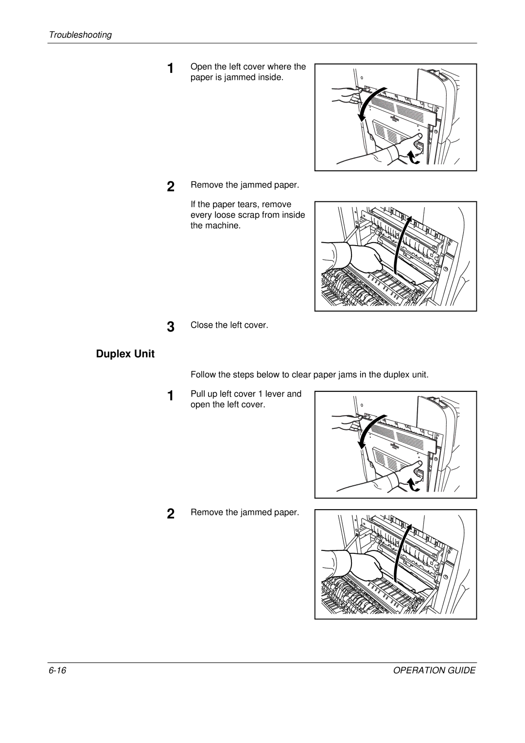 Olivetti D-COPIA 500MF, D-COPIA 300MF, D-COPIA 400MF manual Duplex Unit, Open the left cover where, Paper is jammed inside 