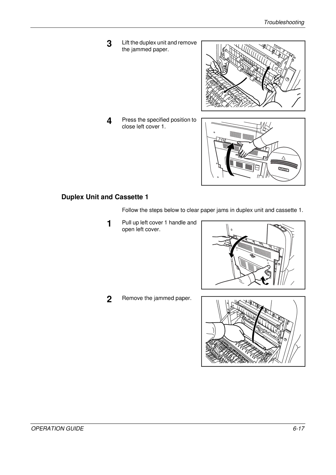 Olivetti D-COPIA 300MF manual Duplex Unit and Cassette, Lift the duplex unit and remove, Press the specified position to 