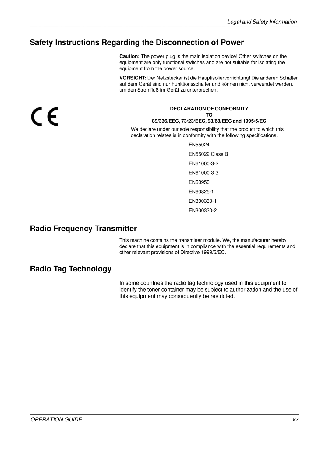 Olivetti D-COPIA 300MF manual Safety Instructions Regarding the Disconnection of Power, Radio Frequency Transmitter 