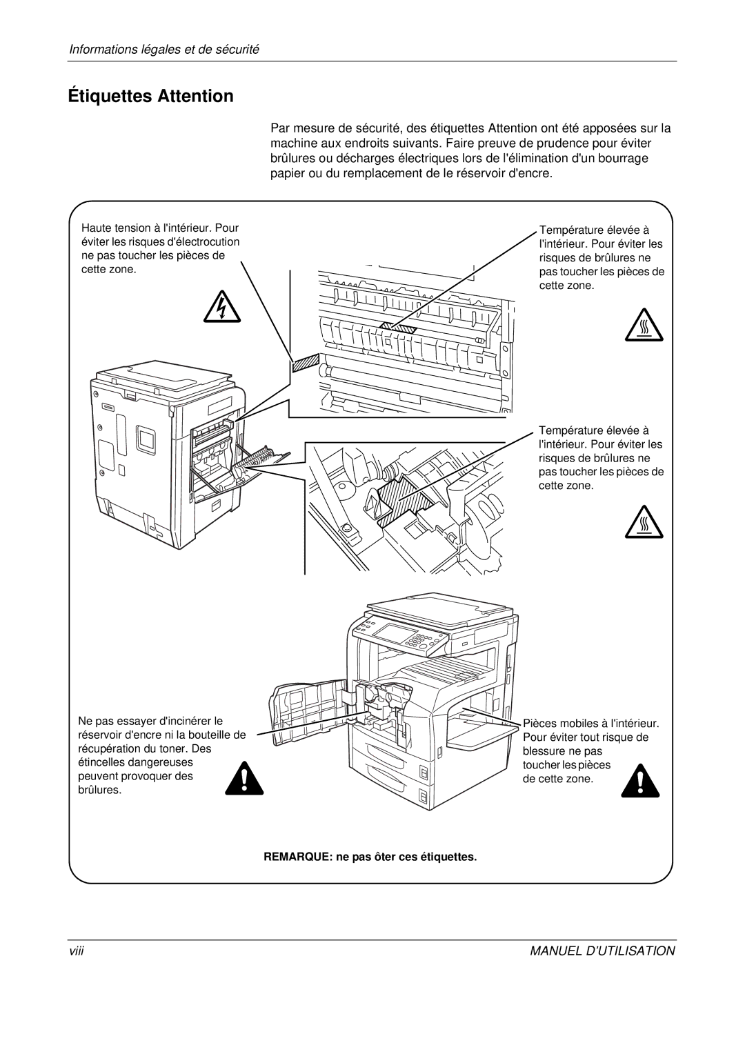 Olivetti D-COPIA 400MF, D-COPIA 500MF, D-COPIA 300MF manual Étiquettes Attention, Viii 