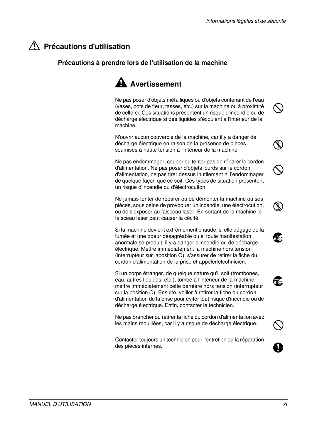 Olivetti D-COPIA 400MF, D-COPIA 500MF Précautions dutilisation, Précautions à prendre lors de lutilisation de la machine 