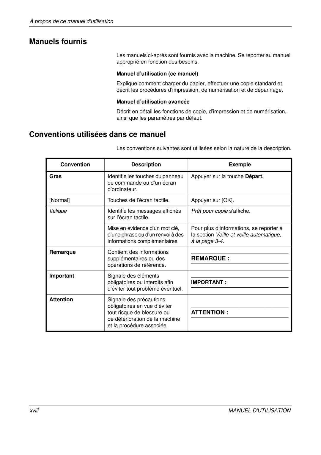 Olivetti D-COPIA 500MF, D-COPIA 300MF, D-COPIA 400MF manual Manuels fournis, Conventions utilisées dans ce manuel 