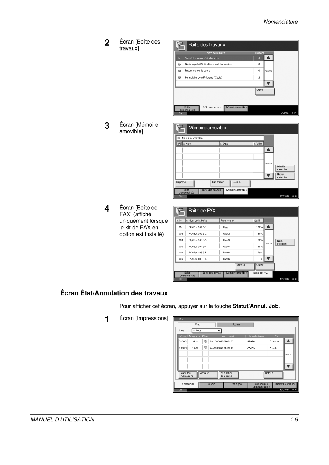 Olivetti D-COPIA 300MF, D-COPIA 500MF, D-COPIA 400MF manual Écran État/Annulation des travaux 