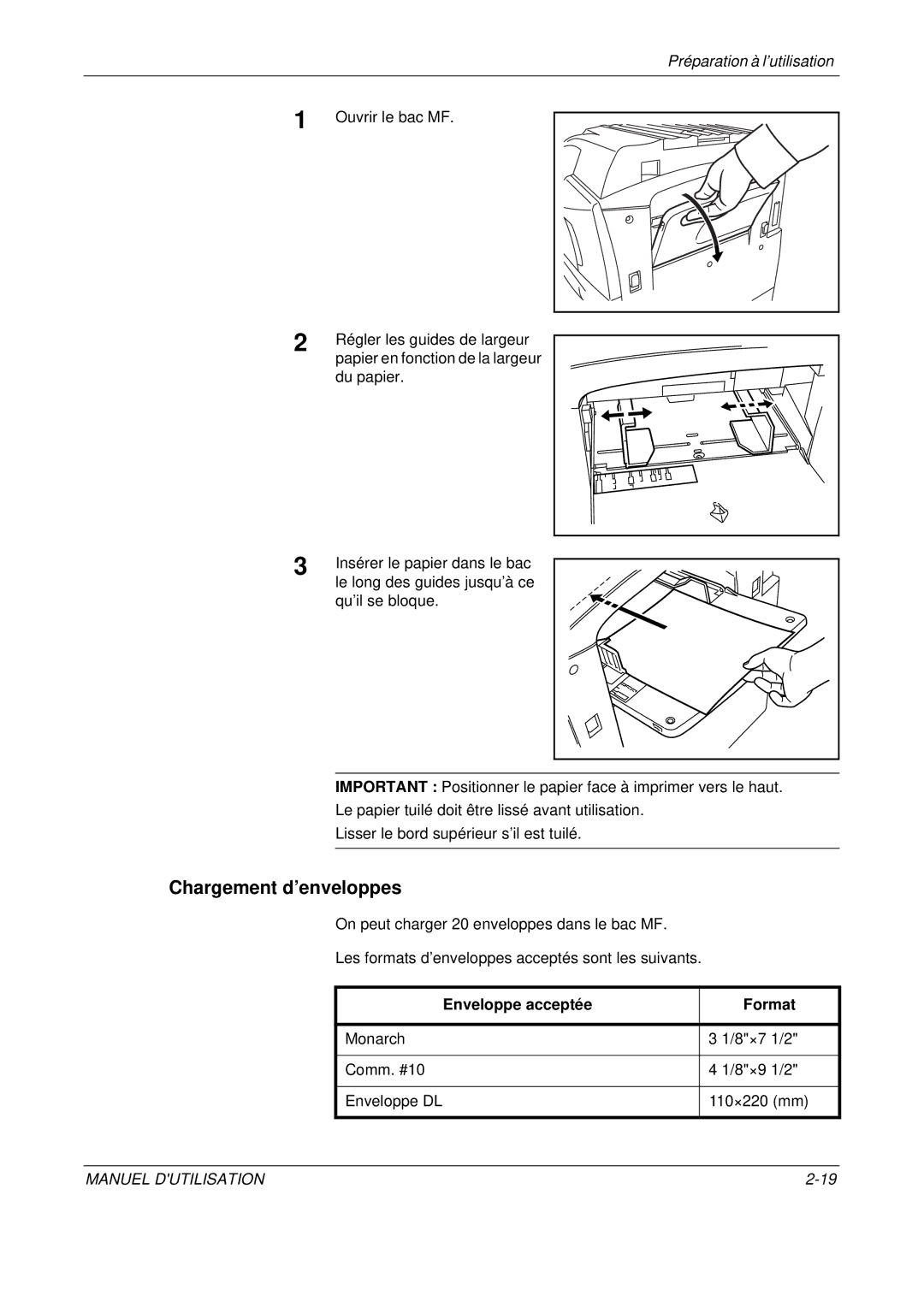 Olivetti D-COPIA 400MF, D-COPIA 500MF, D-COPIA 300MF Chargement d’enveloppes, Ouvrir le bac MF, Enveloppe acceptée Format 