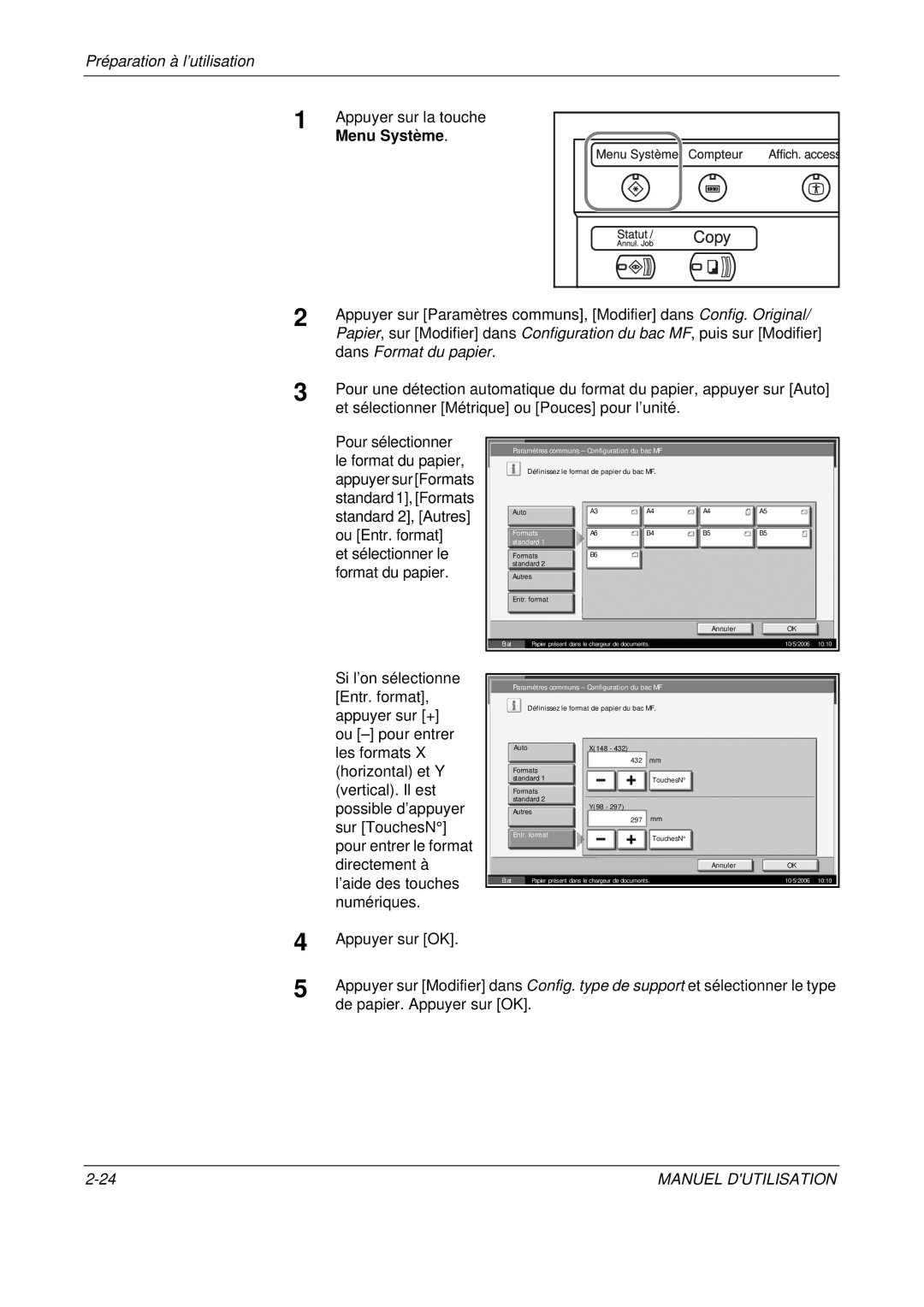 Olivetti D-COPIA 300MF, D-COPIA 500MF Dans Format du papier, Et sélectionner Métrique ou Pouces pour l’unité, Entr. format 