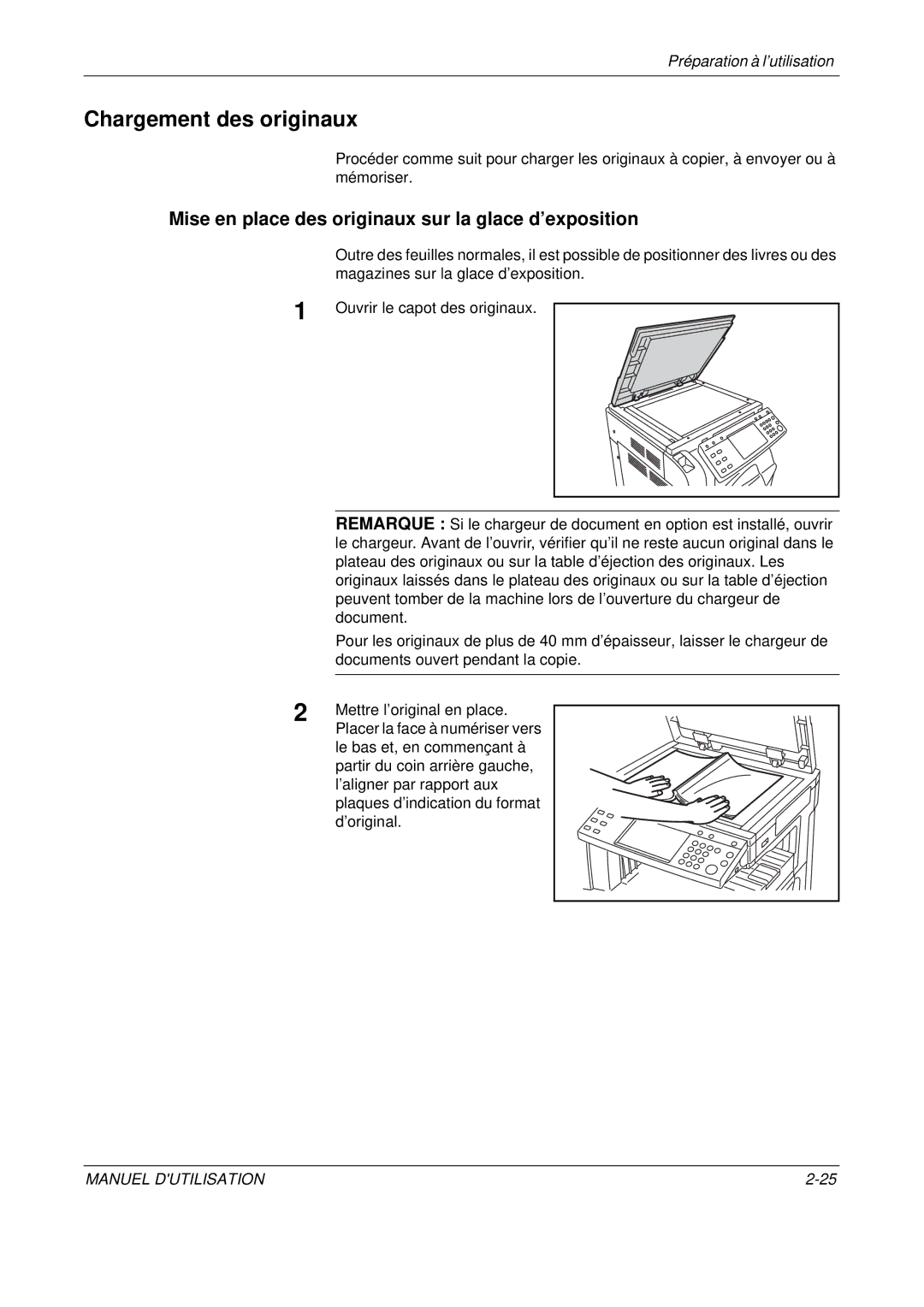 Olivetti D-COPIA 400MF, D-COPIA 500MF manual Chargement des originaux, Mise en place des originaux sur la glace d’exposition 