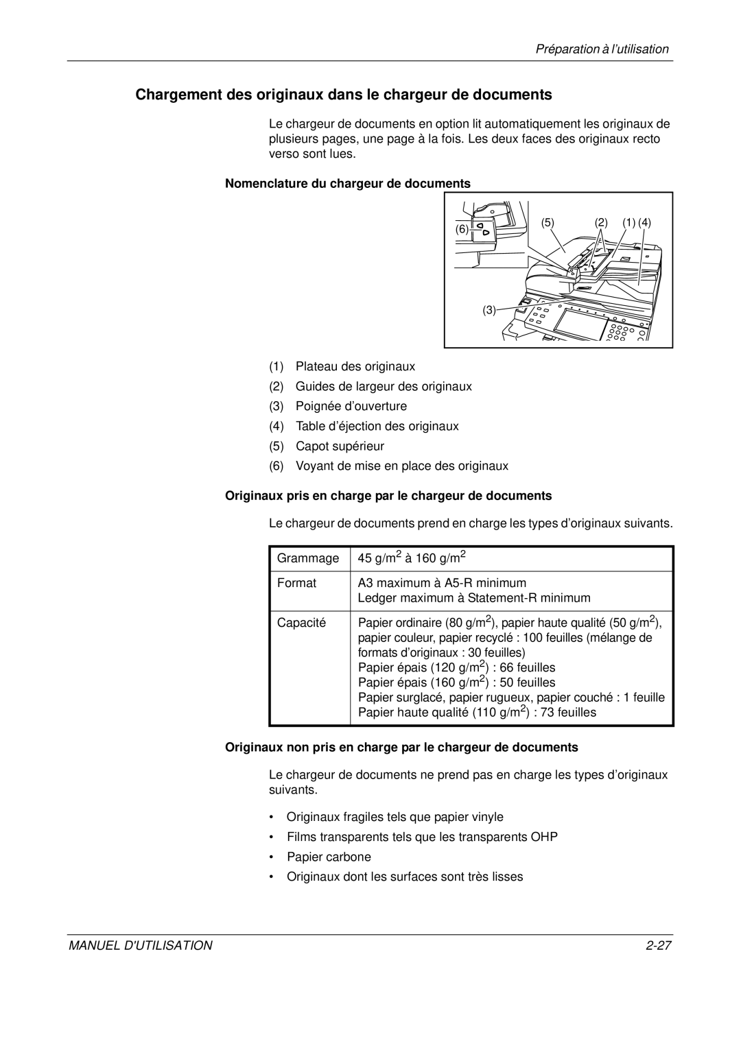 Olivetti D-COPIA 300MF manual Chargement des originaux dans le chargeur de documents, Nomenclature du chargeur de documents 