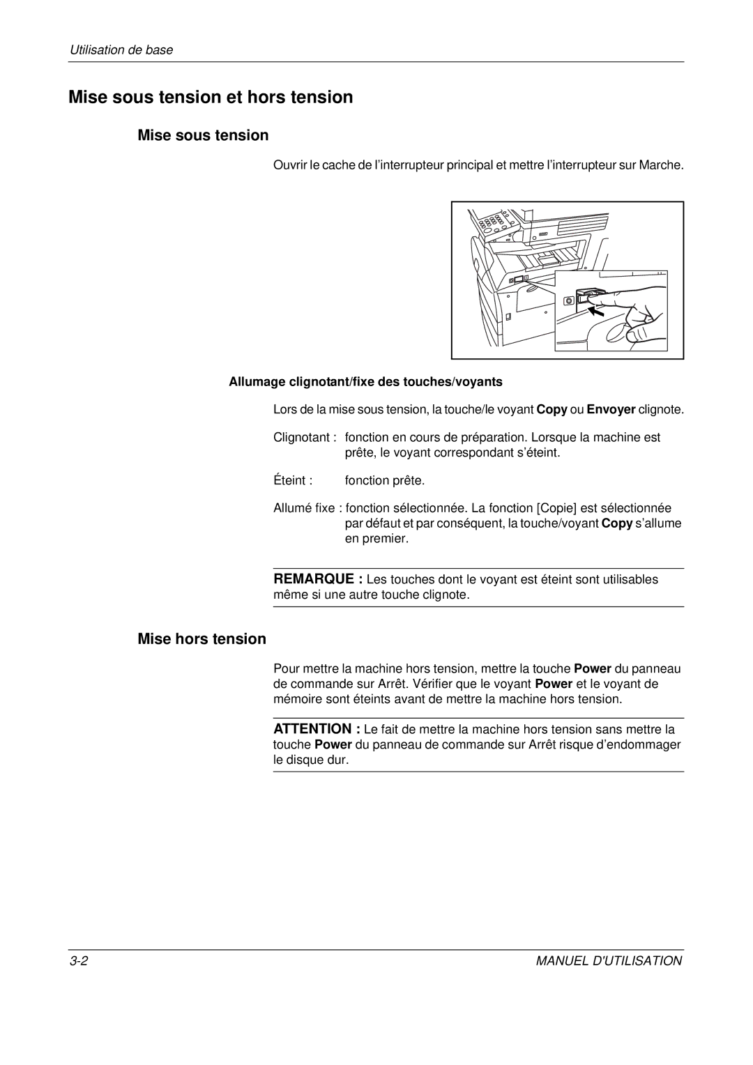 Olivetti D-COPIA 500MF, D-COPIA 300MF manual Mise sous tension et hors tension, Mise hors tension, Utilisation de base 