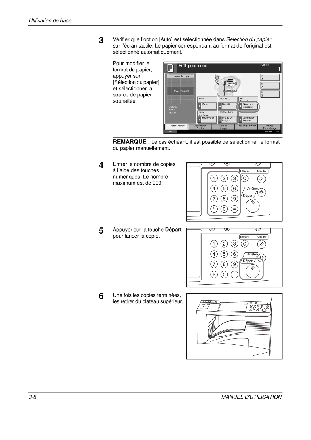 Olivetti D-COPIA 500MF manual Sélectionné automatiquement, Une fois les copies terminées, Les retirer du plateau supérieur 