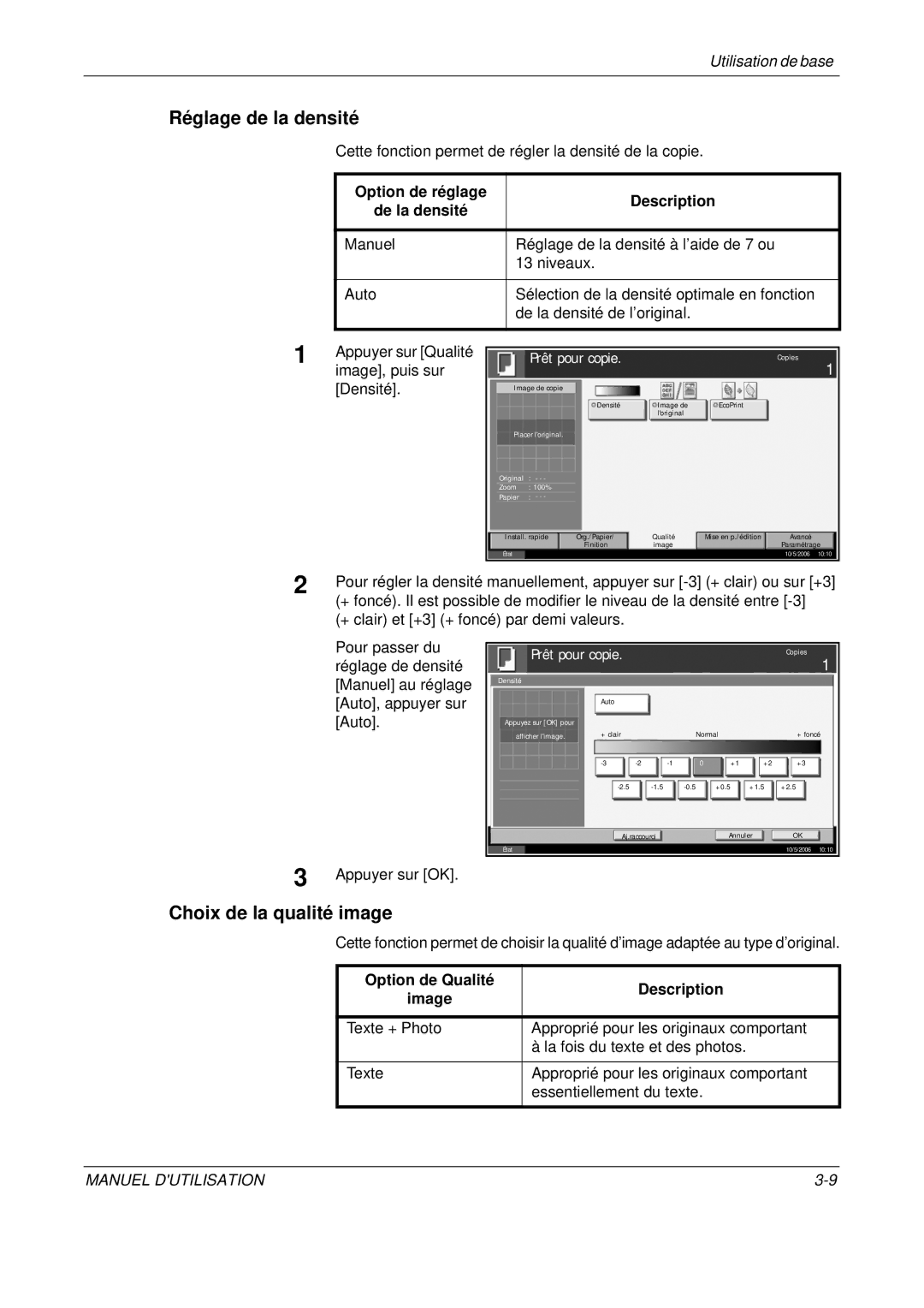 Olivetti D-COPIA 300MF, D-COPIA 500MF manual Réglage de la densité, Choix de la qualité image, Option de réglage Description 