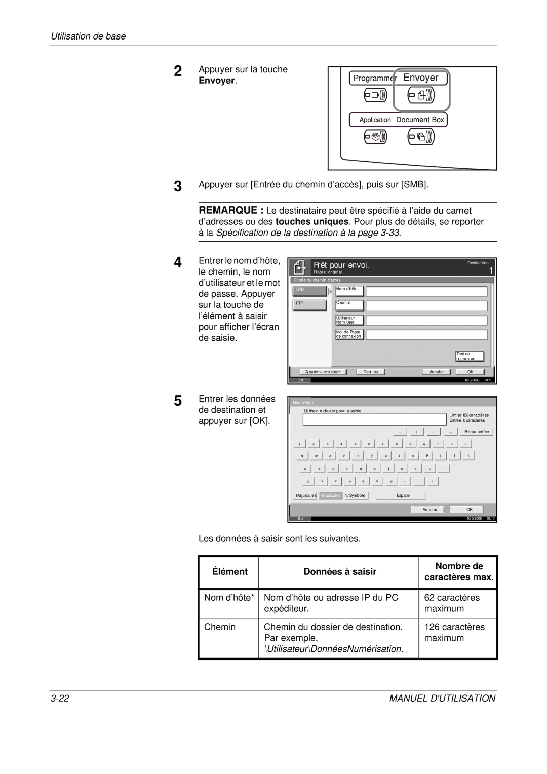 Olivetti D-COPIA 400MF manual La Spécification de la destination à la, Élément Données à saisir Nombre de Caractères max 