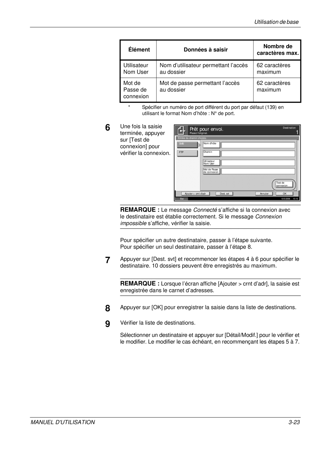 Olivetti D-COPIA 500MF manual Une fois la saisie, Terminée, appuyer, Sur Test de, Connexion pour, Vérifier la connexion 