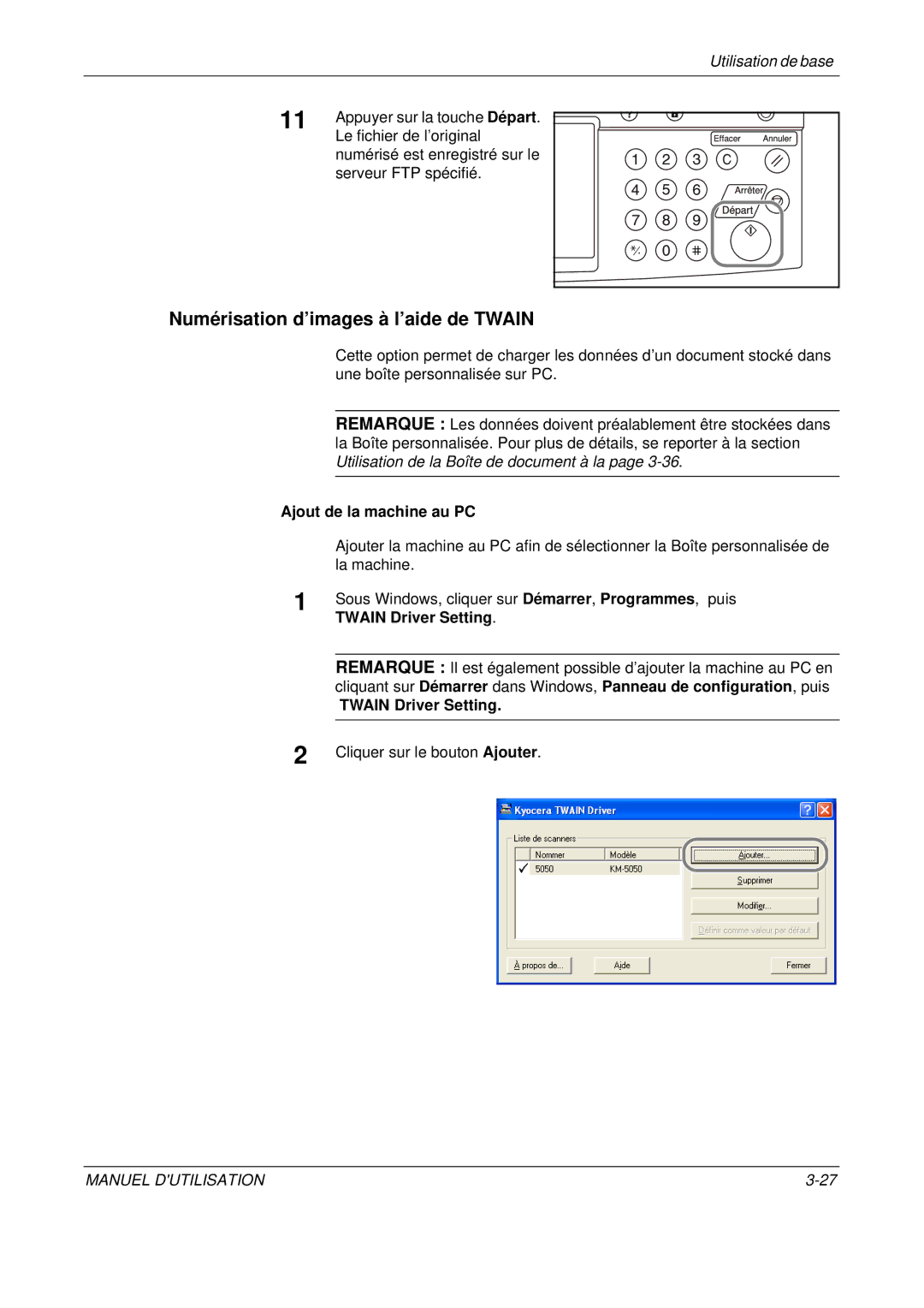 Olivetti D-COPIA 300MF manual Numérisation d’images à l’aide de Twain, Ajout de la machine au PC, Twain Driver Setting 