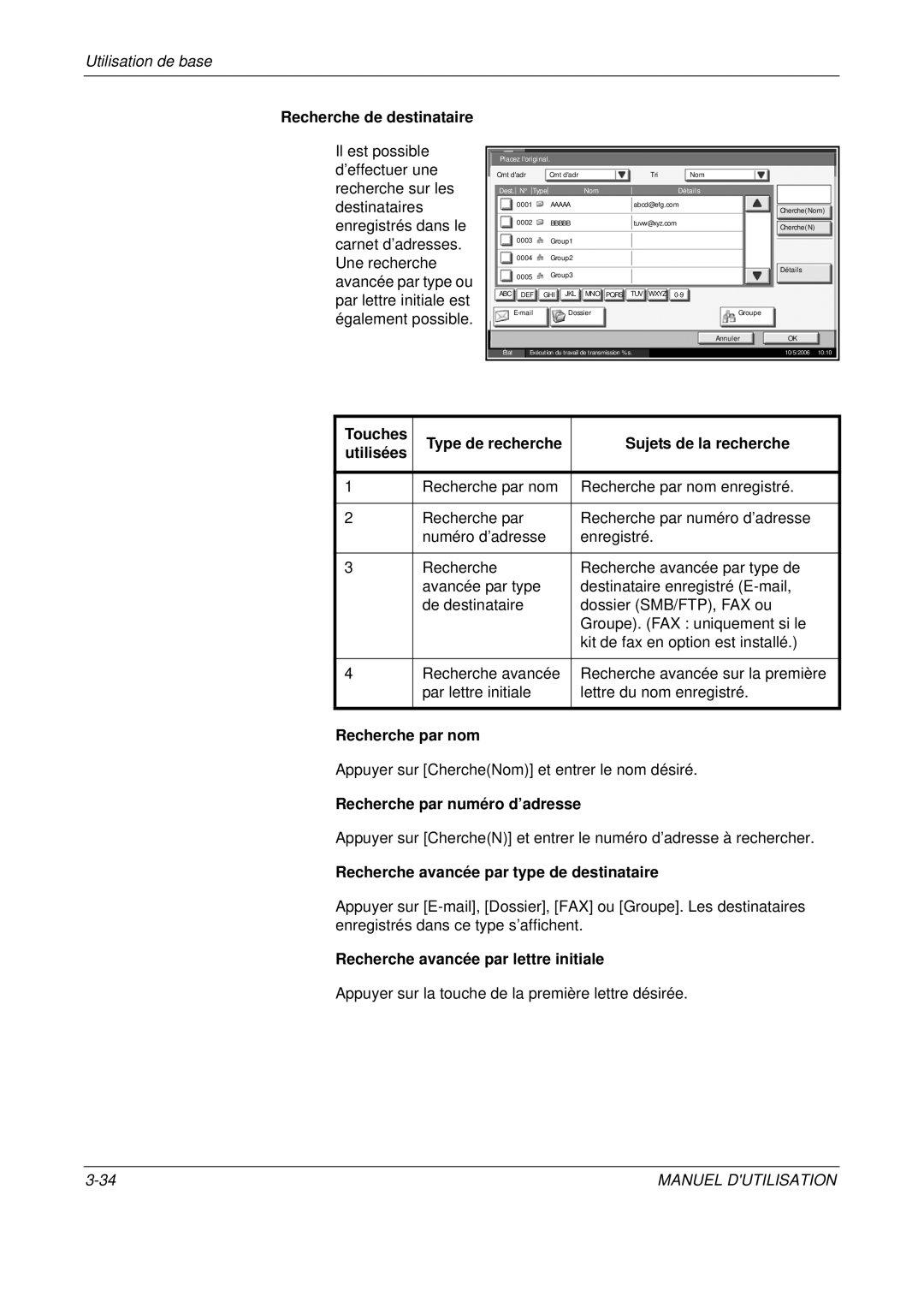 Olivetti D-COPIA 400MF manual Recherche de destinataire, Touches Type de recherche Sujets de la recherche Utilisées 