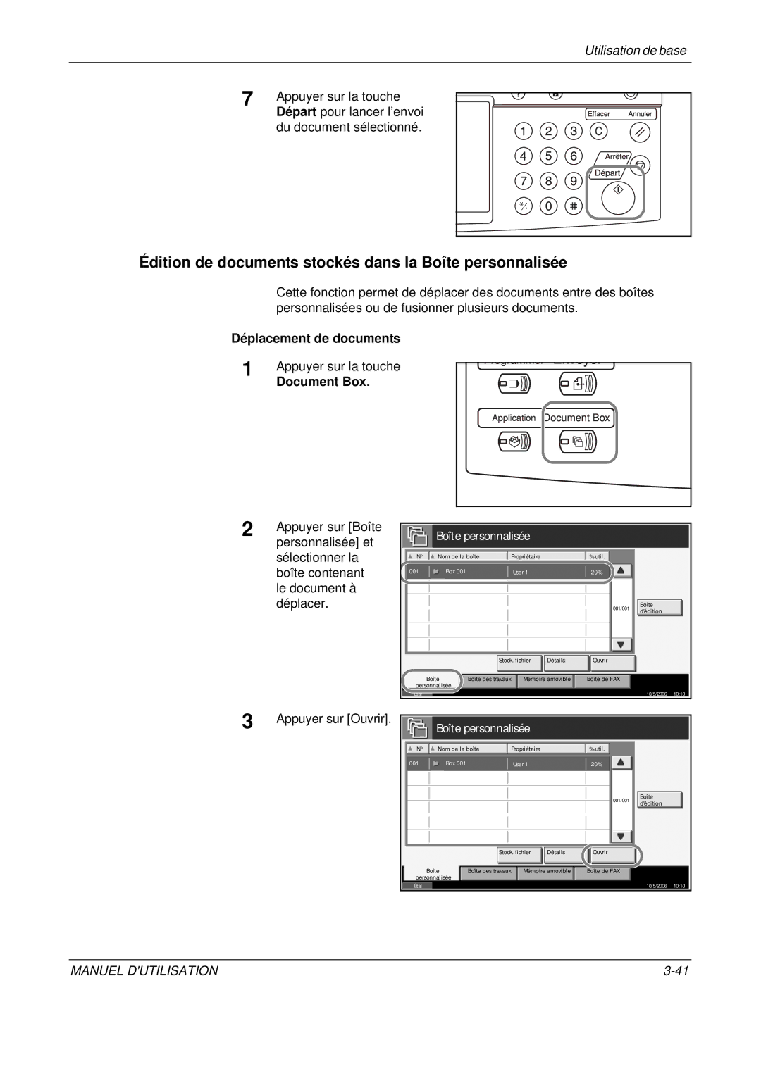 Olivetti D-COPIA 500MF Édition de documents stockés dans la Boîte personnalisée, Départ pour lancer l’envoi, Déplacer 