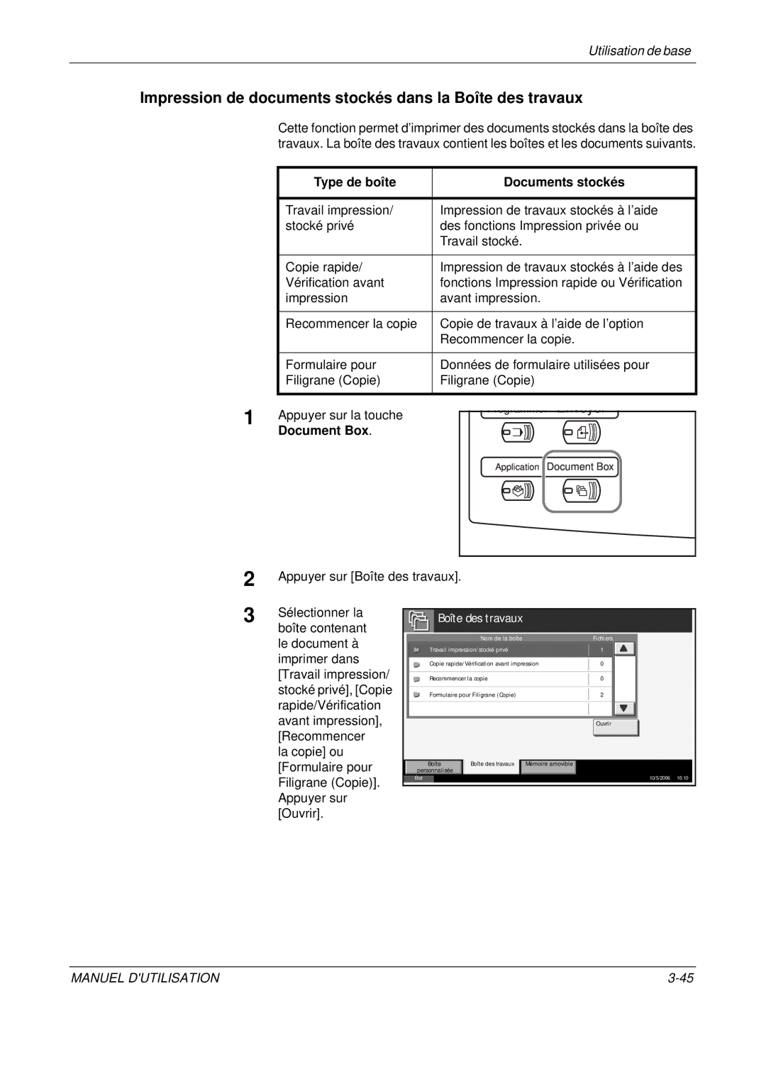 Olivetti D-COPIA 300MF manual Impression de documents stockés dans la Boîte des travaux, Type de boîte Documents stockés 