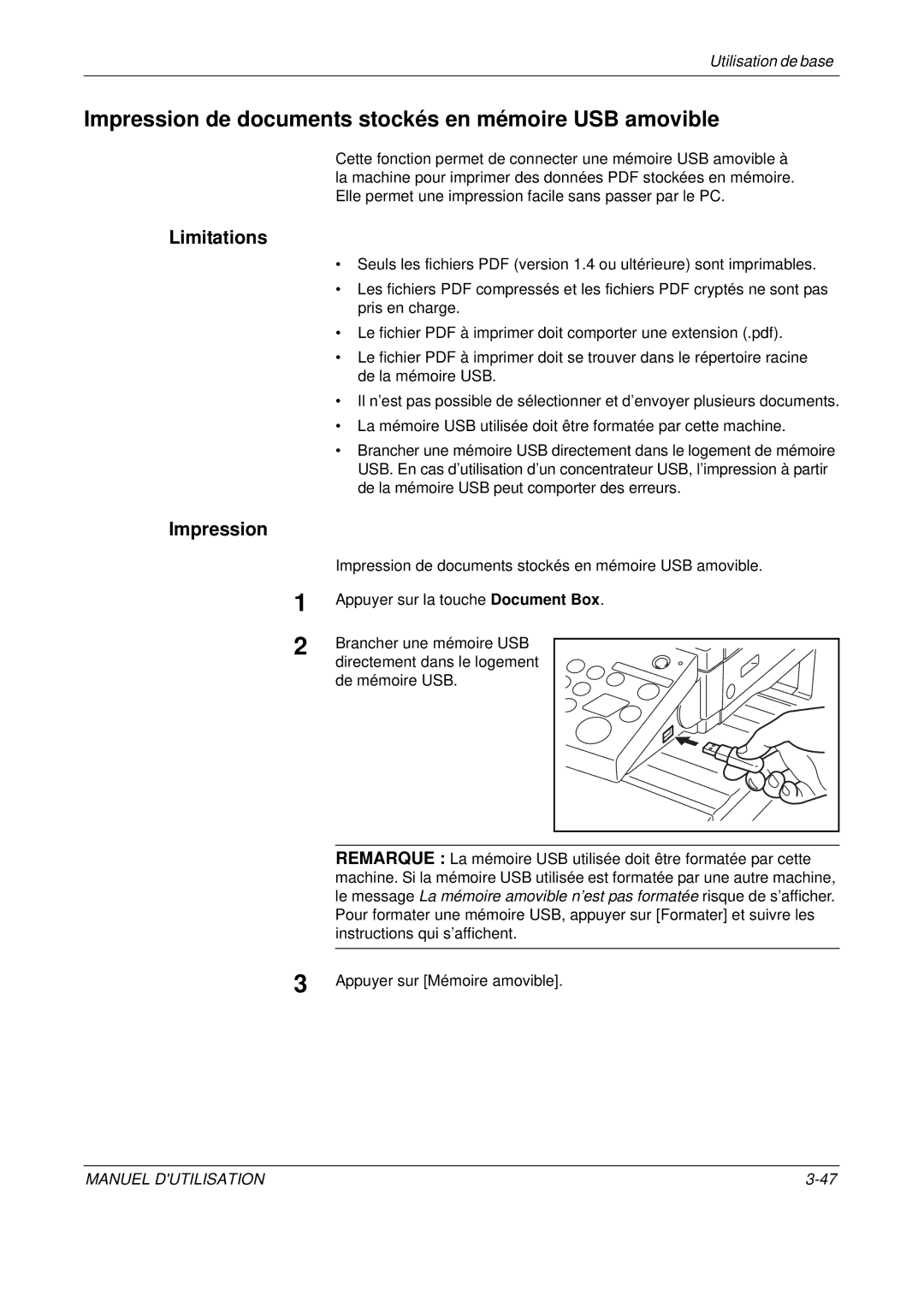 Olivetti D-COPIA 500MF, D-COPIA 300MF, D-COPIA 400MF manual Impression de documents stockés en mémoire USB amovible 