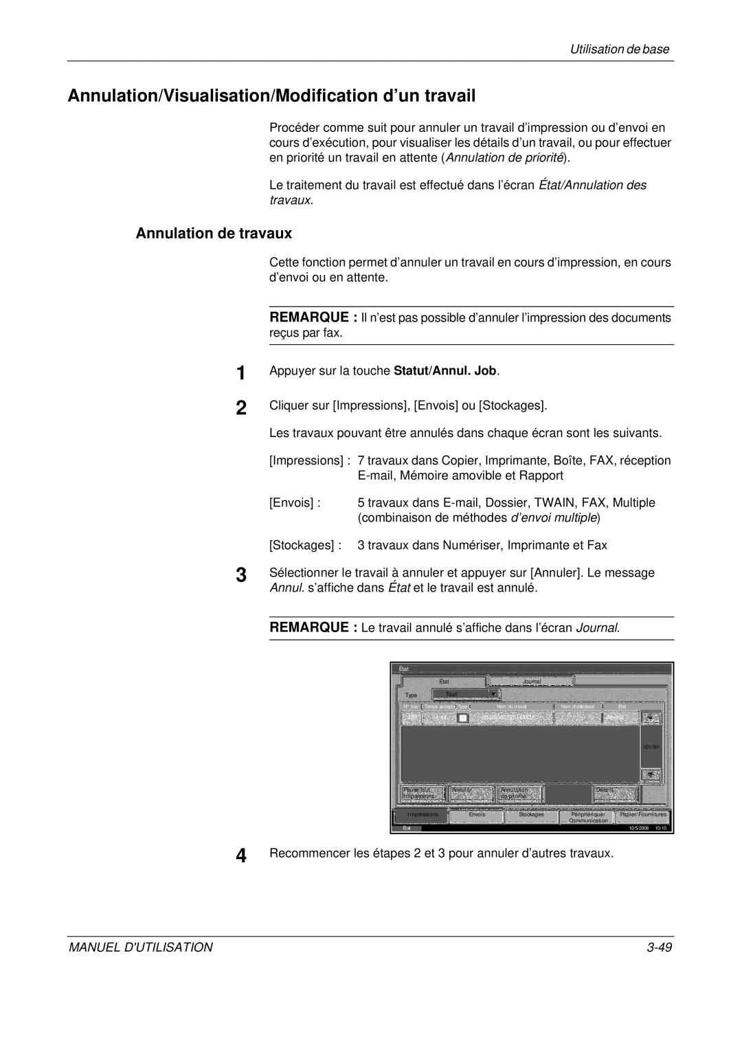 Olivetti D-COPIA 400MF, D-COPIA 500MF manual Annulation/Visualisation/Modification d’un travail, Annulation de travaux 