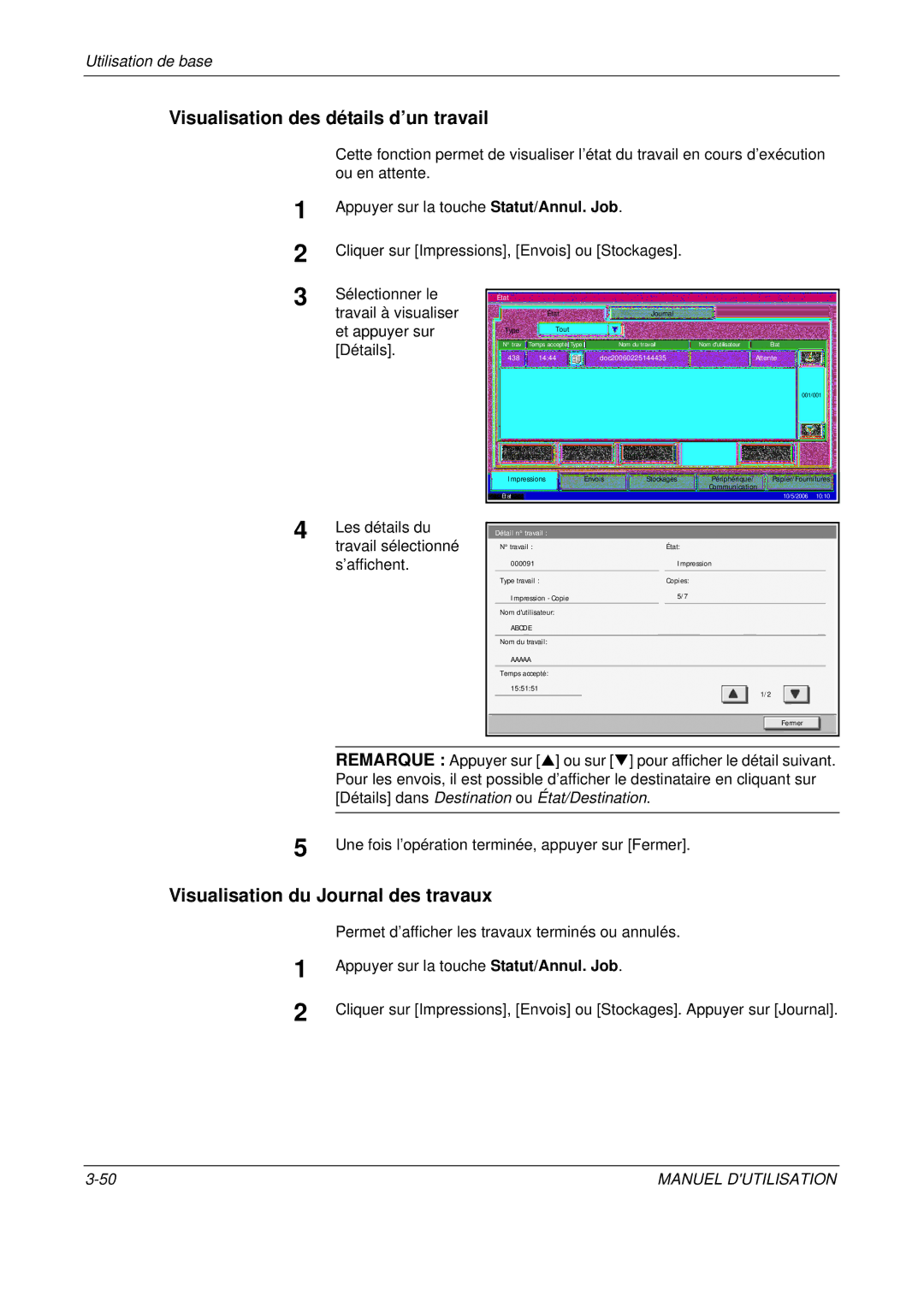 Olivetti D-COPIA 500MF, D-COPIA 300MF manual Visualisation des détails d’un travail, Visualisation du Journal des travaux 