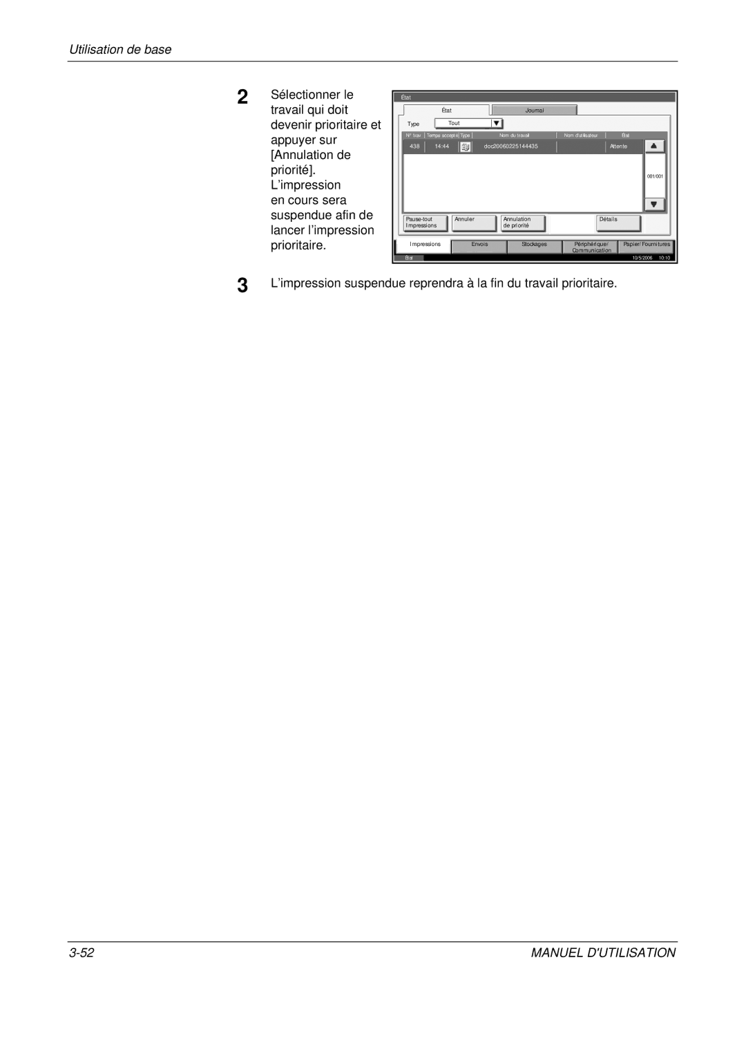 Olivetti D-COPIA 400MF Travail qui doit, Devenir prioritaire et, Annulation de, Priorité, En cours sera, Suspendue afin de 